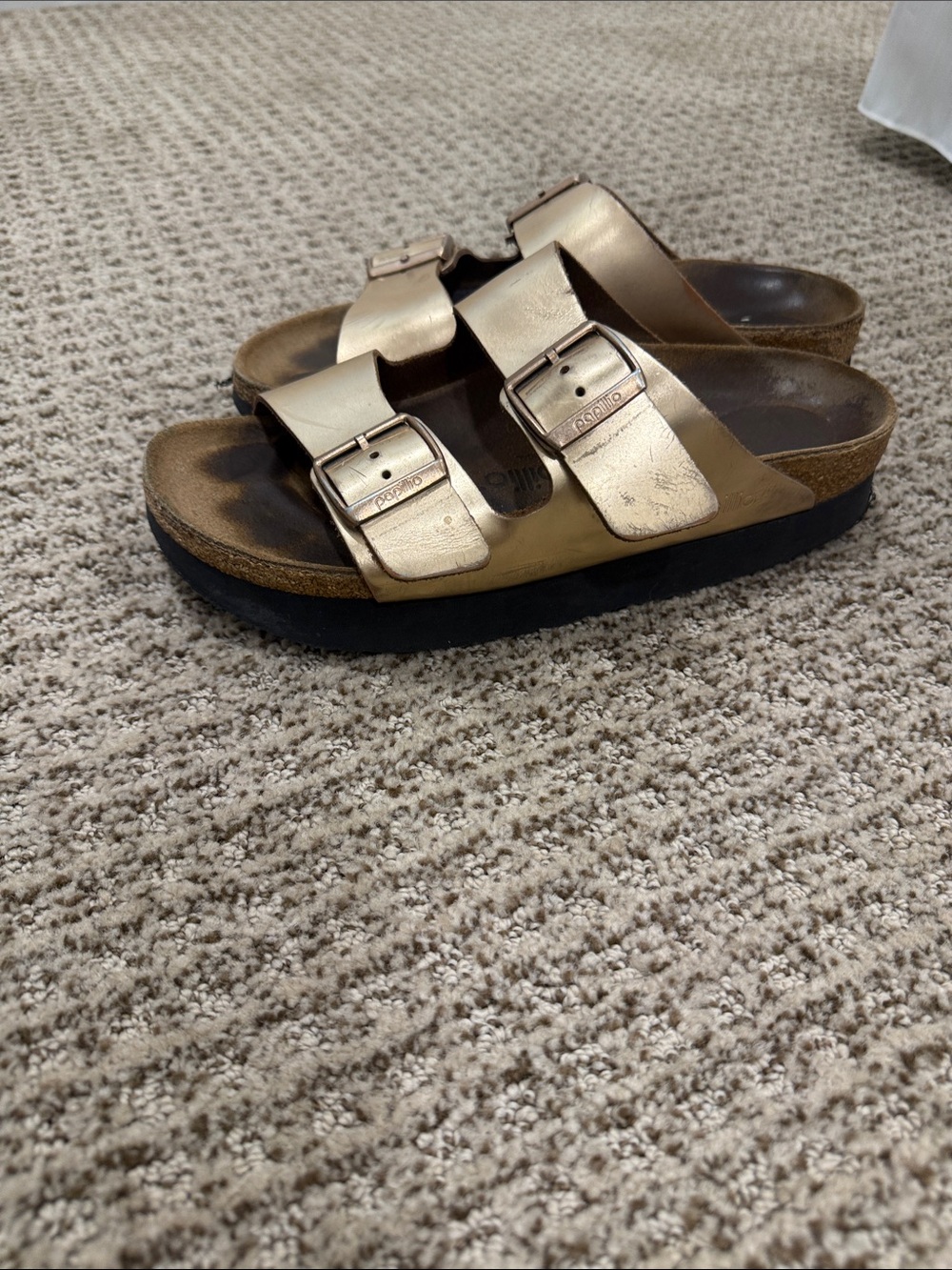 Birkenstock Papillio Metallic Rose Platform Gold Two-Strap Arizona Sandals